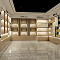 Spacious Modern Retail Store Interior With Wooden Shelves Display Cabinets White Counter And Marble Floor