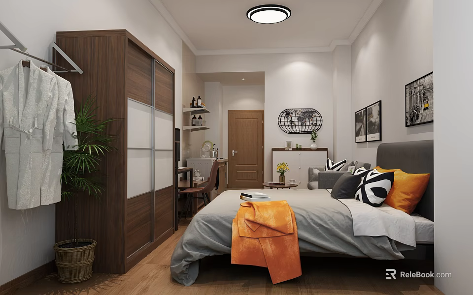 Modern Apartment Interior With Cozy Bed Study Desk Green Plant Wall Art And Wooden Wardrobe 3d model 