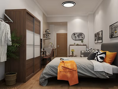 Modern Apartment Interior With Cozy Bed Study Desk Green Plant Wall Art And Wooden Wardrobe 3d model