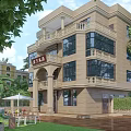 Detached Villa Beige Exterior Design With Large Windows Balconies Greenery Lawn And Outdoor Seating