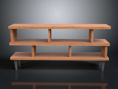 Wooden Three Tier TV Stand With Open Shelves And Metal Legs Design 3d model