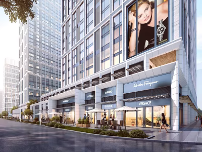 Modern Commercial Street Featuring High Rise Buildings Brand Stores And Outdoor Dining Areas 3d model