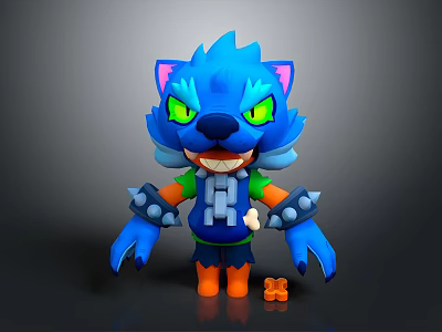 Blue Cartoon Game Movie Character With Green Eyes Feline Features Orange Paws And Bone Accessories 3d model