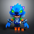 Blue Cartoon Game Movie Character With Green Eyes Feline Features Orange Paws And Bone Accessories