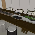 Modern Chinese Style Tea Set On Wooden Table With Natural Landscape And Small Pine Plant