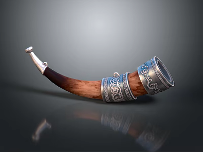 Handcrafted Wooden Drinking Horn With Silver Decorative Bands And Intricate Patterns 3d model