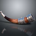 Handcrafted Wooden Drinking Horn With Silver Decorative Bands And Intricate Patterns