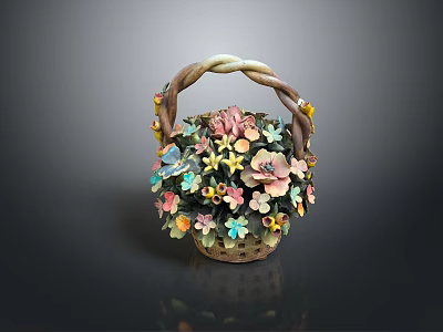 Decorative Woven Basket With Braided Handle And Colorful Flowers For Home Use 3d model