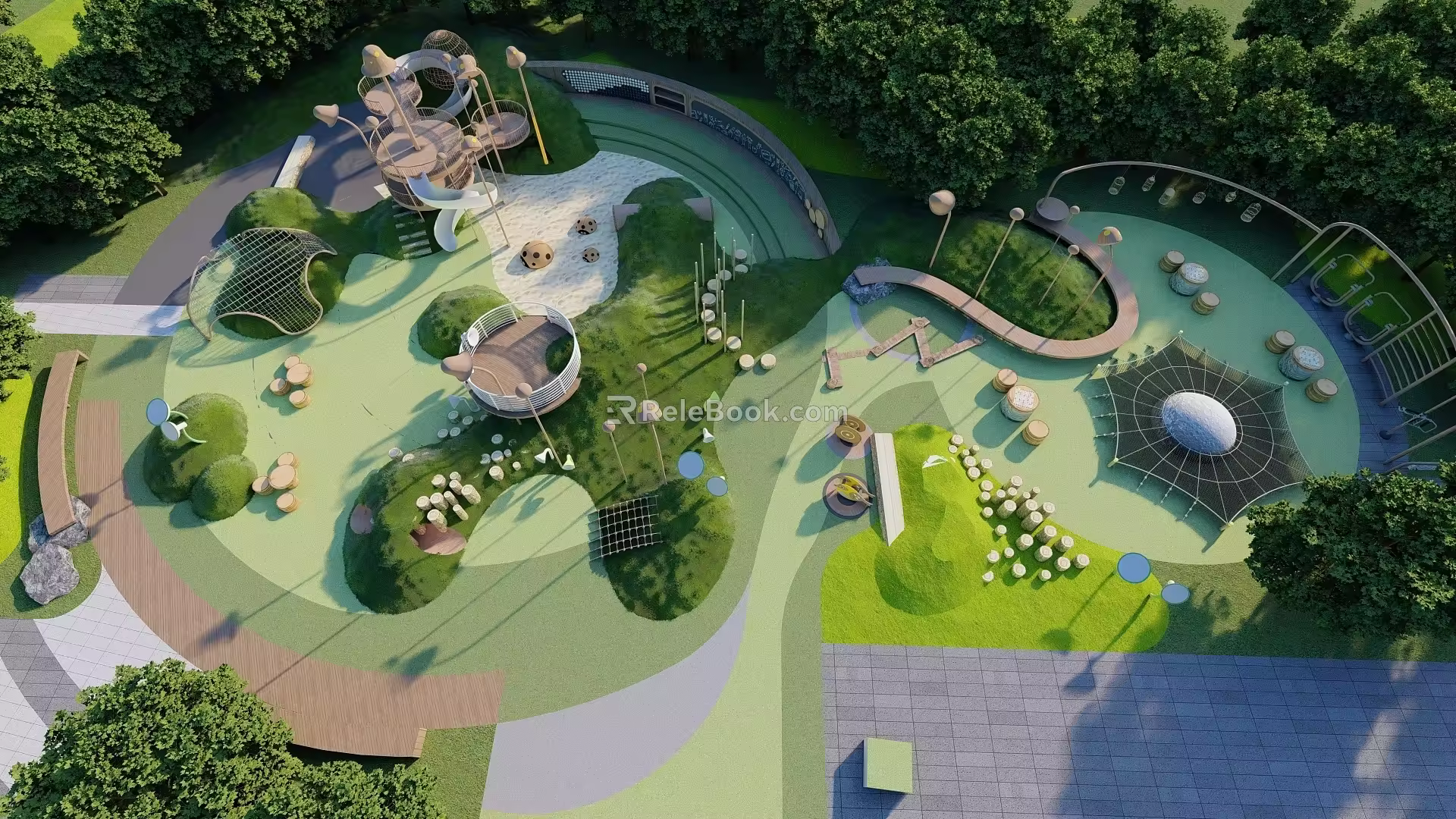 Modern Children's Play Area Forest Theme Children's Park Log Theme Children's Park Mushroom Frame Playground Equipment Paddling Pool Climbing Frame 3d model