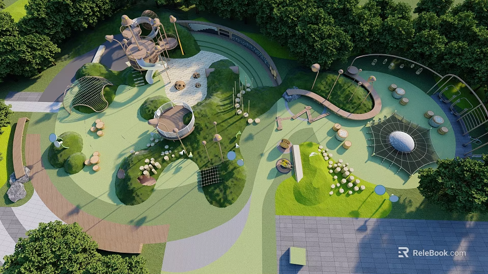 Lush Green Children's Playground With Play Structures Trees And Open Grass Areas 3d model 