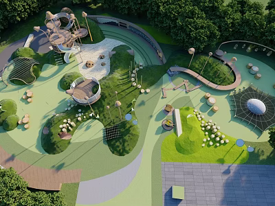 Lush Green Children's Playground With Play Structures Trees And Open Grass Areas 3d model