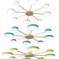 Modern Multi Arm Chandeliers With Round Colored Lampshades In White Blue Green Tones
