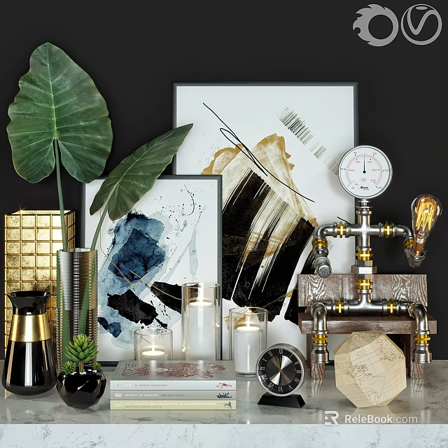 Stylish Decorative Ornament Collection with Green Leaves Abstract Art Candles Industrial Gauge and Geometric Decor 3d model 