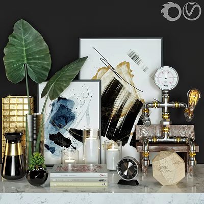 Stylish Decorative Ornament Collection with Green Leaves Abstract Art Candles Industrial Gauge and Geometric Decor 3d model