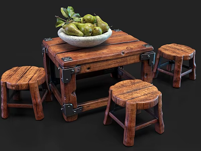 Vintage Style Outdoor Wooden Table With Metal Hinges Stools And Pears In Bowl 3d model