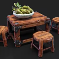 Vintage Style Outdoor Wooden Table With Metal Hinges Stools And Pears In Bowl