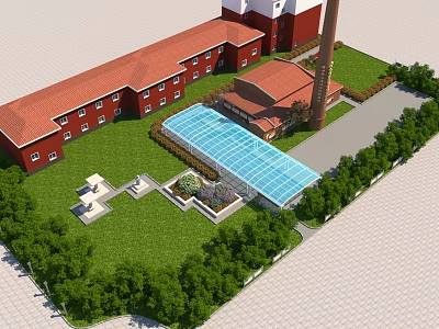 Industrial Factory Complex With Red Roof Glass Roof Structure Green Lawn Trees And Chimney 3d model