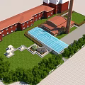 Industrial Factory Complex With Red Roof Glass Roof Structure Green Lawn Trees And Chimney