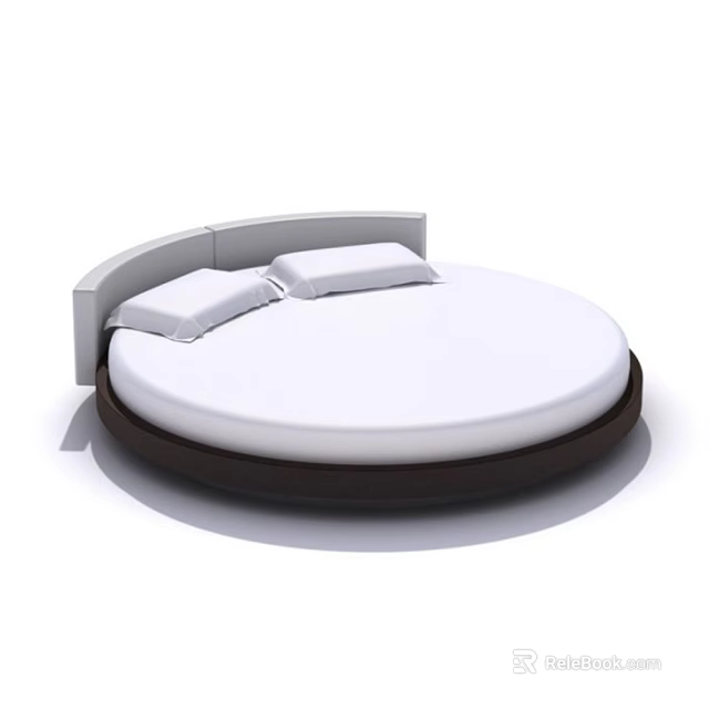 Modern Round Bed With White Mattress Dark Frame And Two Pillows 3d model