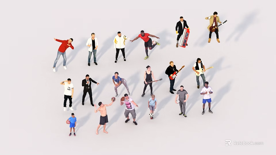 Group of People in Diverse Poses Engaged in Activities Like Dancing and Playing Instruments 3d model 