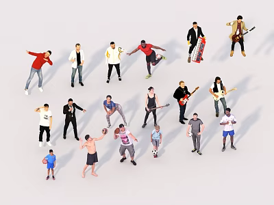 Group of People in Diverse Poses Engaged in Activities Like Dancing and Playing Instruments 3d model