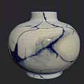 Cream Ceramic Vase With Navy Blue Crackle Pattern Against Wooden Plank Wall
