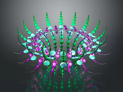 Colorful Glass Art Sculpture With Spiral Green Purple Beads And Glowing Lights 3d model