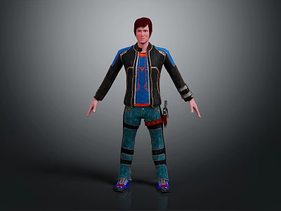 Stylish 3D Character With Red Hair Black Jacket Blue Jeans And Red Tool Belt 3d model