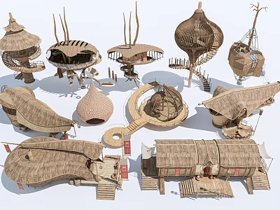 Unique Thatched Structures With Creative Shapes Conical Roofs And Circular Designs 3d model