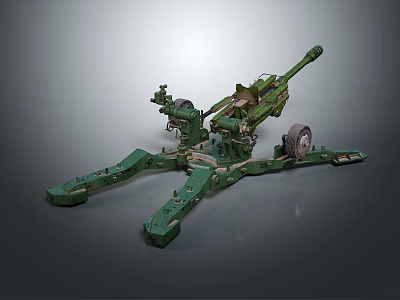 Green Military Artillery Weapon With Long Barrel Wheel Base And Support Structure 3d model