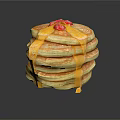 Tasty Stacked Pancakes Topped with Drizzling Syrup and Fresh Red Berries