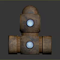 Rusted Metal Mechanical Equipment With Blue Glowing Circular Components And White Structural Parts