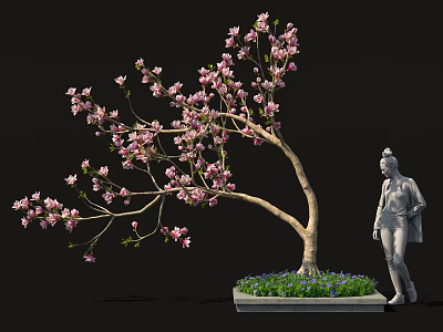 Bonsai Plant With Pink Blossoms And Elegant Branches In Decorative Square Pot With Stone Statue 3d model