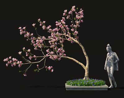 Bonsai Plant With Pink Blossoms And Elegant Branches In Decorative Square Pot With Stone Statue 3d model