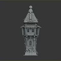 Medieval Stone Tower Architecture With Pointed Roof Windows And Decorative Door