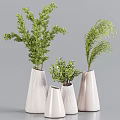 White Conical Striped Vases with Various Green Natural Plants and Fresh Foliage