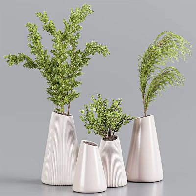 White Conical Striped Vases with Various Green Natural Plants and Fresh Foliage 3d model