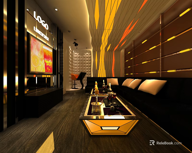 Modern KTV Interior Design With Black Sofas Coffee Table And Decorative Lighting 3d model 
