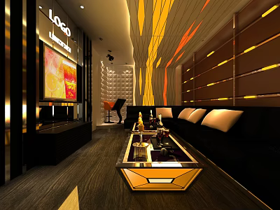 Modern KTV Interior Design With Black Sofas Coffee Table And Decorative Lighting 3d model