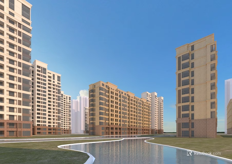 Modern High Rise Residential Buildings With Greenery Water Pool And Blue Sky 3d model 