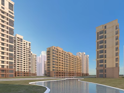 Modern High Rise Residential Buildings With Greenery Water Pool And Blue Sky 3d model