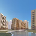 Modern High Rise Residential Buildings With Greenery Water Pool And Blue Sky