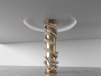 Gold Column with Silver Dragon Decorations and White Circular Top Structure in Modern Interior Space 3d model