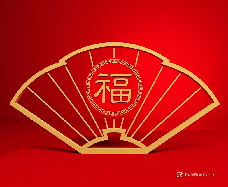 Swing Door With Golden Fan Shaped Decoration And Chinese Fu Character On Red Background 3d model 
