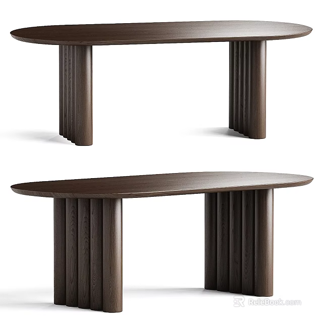 Modern Wooden Dining Table Design With Fluted Legs And Smooth Surface Top 3d model 