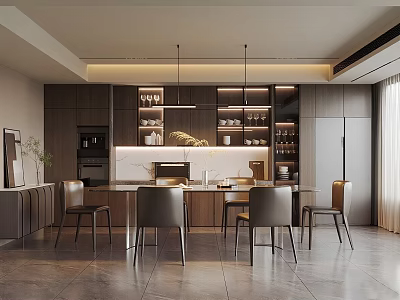 Modern Elegant Home Dining Room With Wooden Display Cabinets Marble Dining Table And Stylish Chairs 3d model