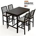 Dark Wood Rectangular Table And Four Chairs With Vertical Slat Backs Light Gray Cushioned Seats 3d model