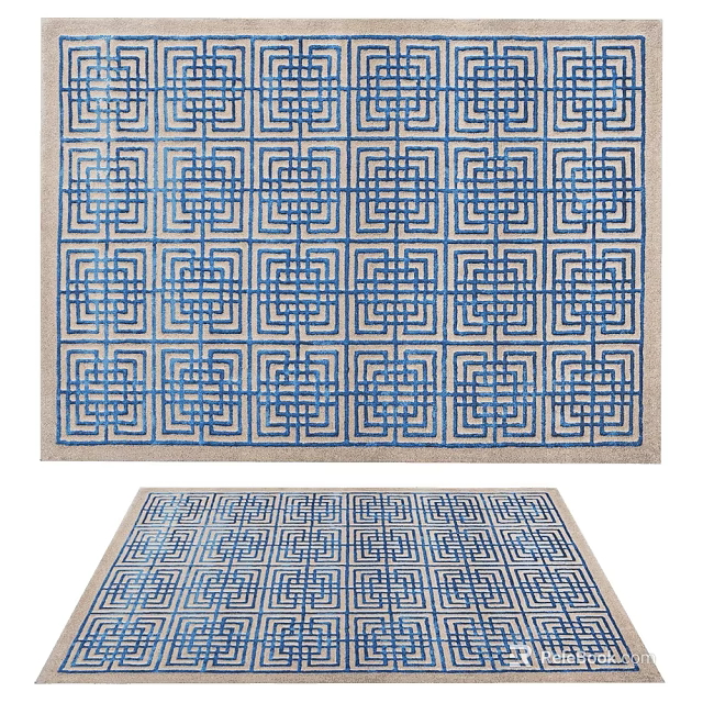 Decorative Blue And White Square Carpet With Repeating Interlocking Square Geometric Pattern And Beige Edge 3d model