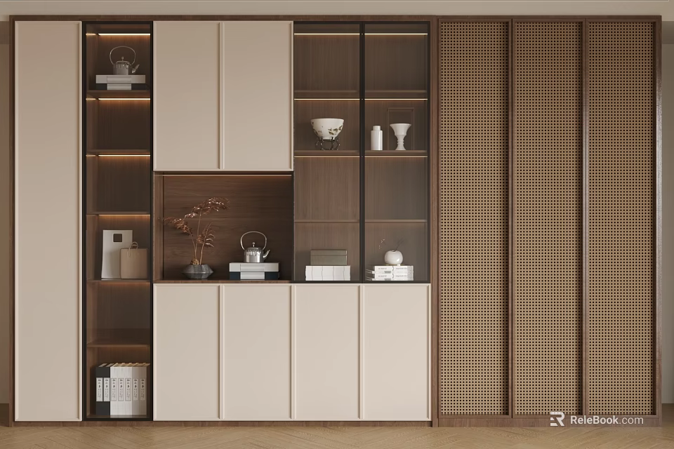 Modern Decorative Cabinet With Beige Doors Brown Frame And Open Shelves For Decor Items 3d model 