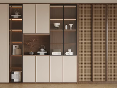 Modern Decorative Cabinet With Beige Doors Brown Frame And Open Shelves For Decor Items 3d model